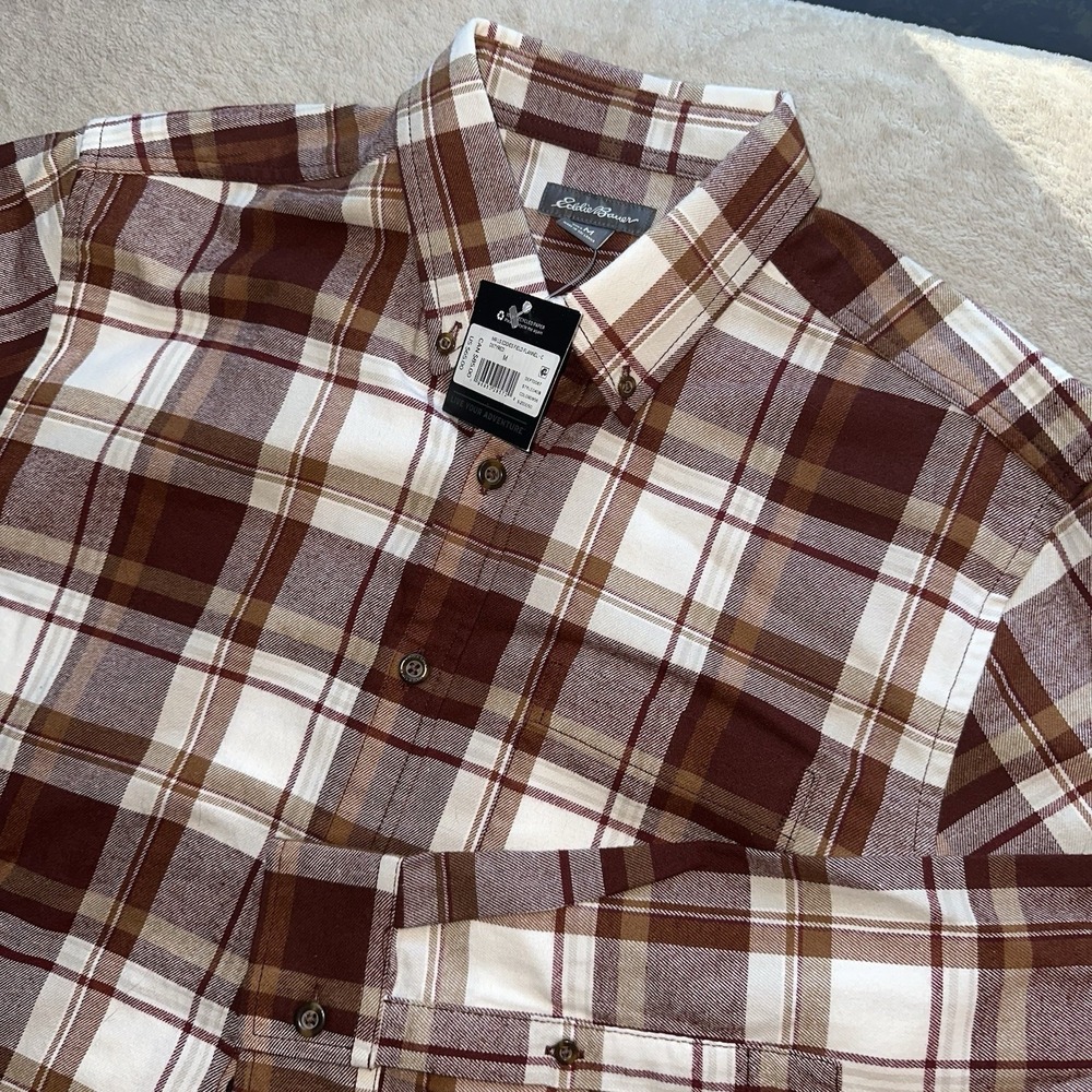 Eddie Bauer Flannel Shirt Mens M Medium Plaid Burgundy Brown Field Cotton LS NWT